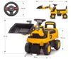 A collage of images showing a yellow CAT-branded ride-on toy excavator with dimensions indicated by measurement lines and text. Náhled obrázku produktu