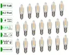 A collection of LED filament light bulbs arranged in rows on a white background, with informational text labels on the left side. Produktbild-Vorschau