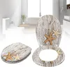 A toilet seat and lid with a wood grain and starfish design, shown in a bathroom setting. Produktbild-Vorschau
