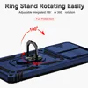 A close-up view of a blue phone case with a rotating ring stand and a sliding camera cover. Produktbild-Vorschau