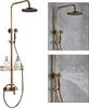 A collage of images showing a vintage-style gold shower fixture with two inset images demonstrating water flow from the showerhead and handheld sprayer. Náhľad obrázku produktu