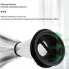 A close-up of a vacuum cleaner filter with dust particles being filtered out, accompanied by marketing text. Produktbild-Vorschau