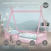 A pink wooden children's bed with a teepee-style frame, set up in a child's room with bedding and a stuffed bear. Náhľad obrázku produktu