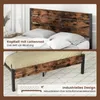A collage showing two close-up views of a metal bed frame with a rustic wood-look headboard and side rails. The top image focuses on the headboard and pillows, while the bottom image shows the side of the bed frame and legs. Podgląd zdjęcia produktu