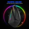 A black vertical mouse with colorful LED lights is displayed against a black background, surrounded by a glowing rainbow circle. Produktbild-Vorschau