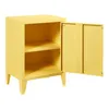 A yellow metal nightstand with one open door and two shelves, shown against a white background. Produktbild-Vorschau