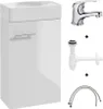 A white bathroom vanity with a sink and faucet, along with plumbing parts, displayed against a white background. Náhled obrázku produktu