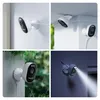 Collage of four images showing a Reolink Lumus Pro 4K 8MP WiFi security camera in different settings and conditions, including indoor wall mount, outdoor ceiling mount, in the rain, and at night with spotlight activated. Produktbild-Vorschau
