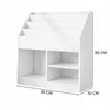 A white bookshelf with multiple compartments and shelves, shown with dimensions indicated by measurement lines and text. Náhled obrázku produktu