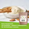 A bowl of almond flour with wooden spoons, a bag of almond flour, and almonds on a white wooden surface, with promotional text overlay. Produktbild-Vorschau