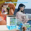 Collage showing a portable air conditioner in use, with split images illustrating hot and dry conditions versus cool and fresh conditions. Produktbild-Vorschau