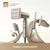 A product shot of a gold hairdryer with multiple attachments, set against a flowing, liquid-like background. Produktbild-Vorschau