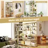 A collage showing a gold bookshelf in different settings: as a display shelf, a plant stand, and a room divider. Náhľad obrázku produktu