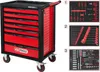 A red and black tool cart with multiple drawers, shown with three inset images of tools. Produktbild-Vorschau
