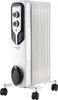 A white oil-filled radiator heater with black controls and wheels, shown on a white background. Voir les images du produit