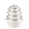 A stack of white enamel pots with silver rims and handles, isolated on a white background. Produktbild-Vorschau
