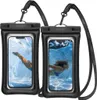 Two black waterproof phone pouches are shown, each containing a smartphone displaying an image of a person swimming underwater. Podgląd zdjęcia produktu