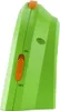 A close-up side view of a green and orange alarm clock. Produktbild-Vorschau