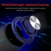A close-up, exploded view of a speaker's internal components, highlighting the metal diaphragm and surrounding structure, with abstract blue light effects suggesting sound waves or energy. Produktbild-Vorschau