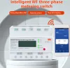 A three-phase energy meter with a smartphone displaying its app interface. Produktbild-Vorschau