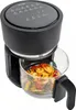 A black air fryer with a glass bowl filled with food, shown against a white background. Produktbild-Vorschau