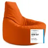An orange beanbag chair with a review badge on its side. Produktbild-Vorschau