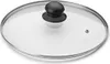 A glass lid with a black handle and a silver rim, shown from a slightly elevated angle against a white background. Podgląd zdjęcia produktu