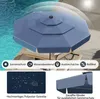A blue patio umbrella is shown near a swimming pool and lounge chairs, with various feature icons and close-up images below. Produktbild-Vorschau