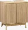 A light wood vanity cabinet with fluted doors and angled legs, shown against a white background. Produktbild-Vorschau