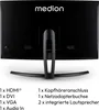 The back of a black computer monitor with its stand, and a list of its features below. Produktbild-Vorschau