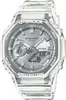 A close-up studio shot of a transparent G-Shock watch with a silver dial. Produktbild-Vorschau