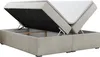 A beige upholstered bed frame with the mattress lifted to reveal the storage compartment underneath. Produktbild-Vorschau