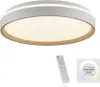 A white LED ceiling lamp with a beige accent ring, shown with a remote control and a graphic indicating color temperature adjustment. Anteprima dell’immagine prodotto