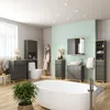 A modern bathroom with various furniture pieces, including cabinets, a toilet, a sink, and a bathtub. Voir les images du produit