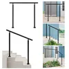 Collage of images showing black handrails for stairs in various settings, including a white background, a porch, and outdoor stairs. Produktbild-Vorschau