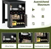 A collage of images showing a black and gray bar cabinet with wine racks, shelves, and doors. The collage also includes icons representing storage capacity. Náhľad obrázku produktu