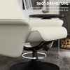 Close-up of a cream-colored armchair with a black base, showing its swivel mechanism and a text overlay describing its 360-degree rotation feature. Produktbild-Vorschau