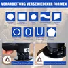 An instructional diagram showing different shapes that can be processed by the tool, followed by two close-up shots of the tool and its blades. Produktbild-Vorschau