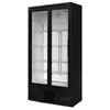 A tall, black commercial refrigerator with glass sliding doors and internal shelves, shown against a white background. Produktbild-Vorschau