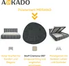 Marketing image for a upholstered bed, showing the bed, fabric sample, and a diagram of the bed frame with gas springs. Produktbild-Vorschau