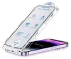 A screen protector with an applicator frame is shown placed over a smartphone. Produktbild-Vorschau