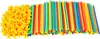 A pile of yellow interlocking building blocks is shown next to a large group of colorful plastic straws. Podgląd zdjęcia produktu