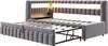 A gray upholstered bed frame with an integrated headboard and a pull-out trundle bed. The headboard has built-in LED lighting. Náhled obrázku produktu