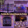 Collage of images showing colorful LED string lights used for outdoor and indoor decoration on fences, buildings, and patios. Produktbild-Vorschau