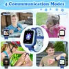 Collage of four images showing different communication modes of a children's smartwatch, with a central image of the smartwatch itself. Produktbild-Vorschau