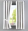 A white curtain is tied back with a white tie-back, revealing a window with trees and sky outside. A pink vase and a grey pot sit on the windowsill. Produktbild-Vorschau
