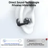 A close-up illustration of an ear with an open-ear earbud inserted, accompanied by marketing text and diagrams. Produktbild-Vorschau