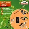 A marketing image showcasing various attachments and accessories for a gardening tool, set against a green leafy background. Produktbild-Vorschau
