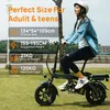 A woman riding an electric bike outdoors with product specifications displayed. Produktbild-Vorschau