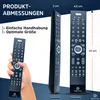 A hand holding a remote control, with side and front views of the remote control shown with dimensions. Produktbild-Vorschau
